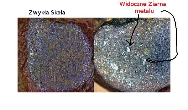 Jak rozpoznać meteoryt - Przekrój skały oraz meteorytu, czyli jak odróżnić meteoryt od skały. Rozpoznanie meteorytu - metalowe ziarna